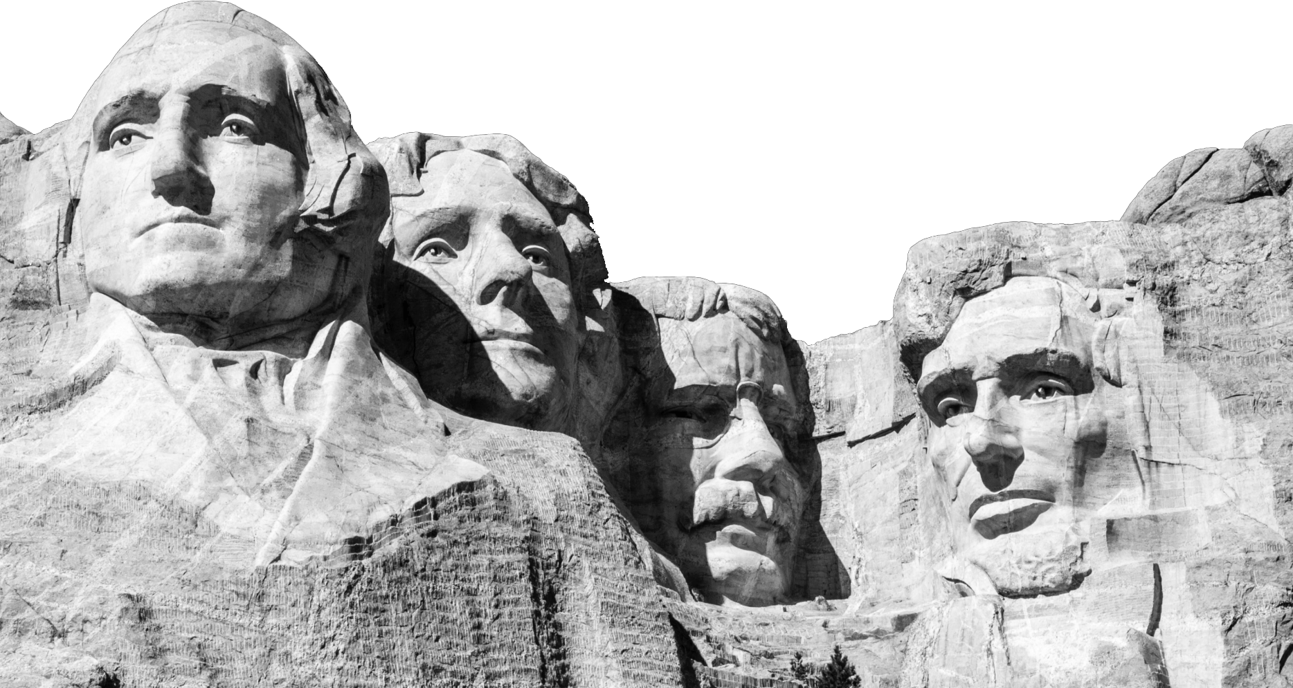 Black and white photograph of Mount Rushmore.