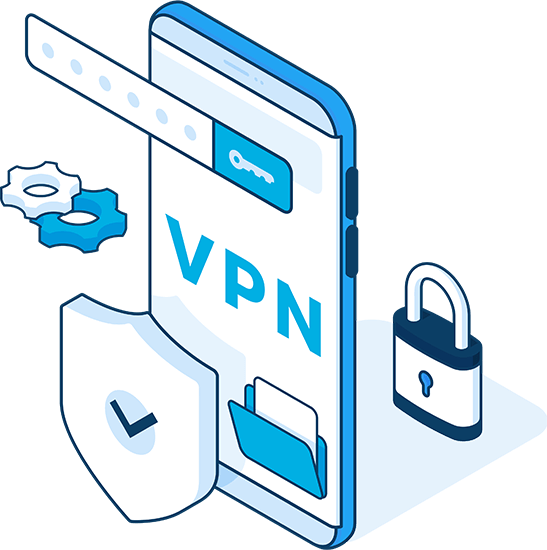 Illustration of a mobile phone with a lock behind it, a shield in front of it, gears beside it and the letters VPN on the screen with a folder icon underneath. Meant to convey cyber security, cybersecurity services, cybersecurity company, etc.