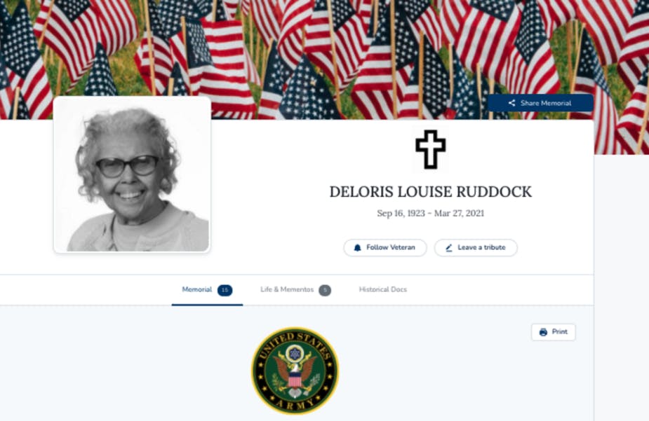 Screenshot of a digital memorial for Dolores Louise Ruddock, as an example of the expanded veterans digital legacy memorial project. Image also should details of Delores's life, with a head shot, the army insignia, and a background of American flags.