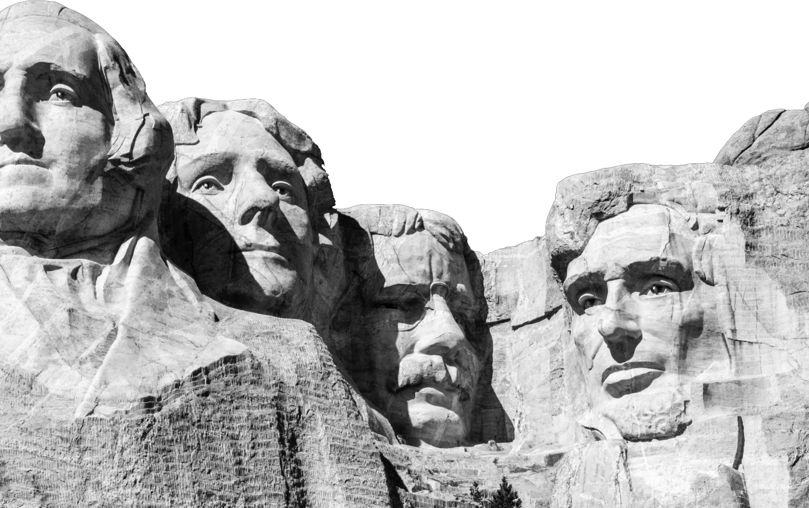 Black and white image of Mount Rushmore with grey background color.