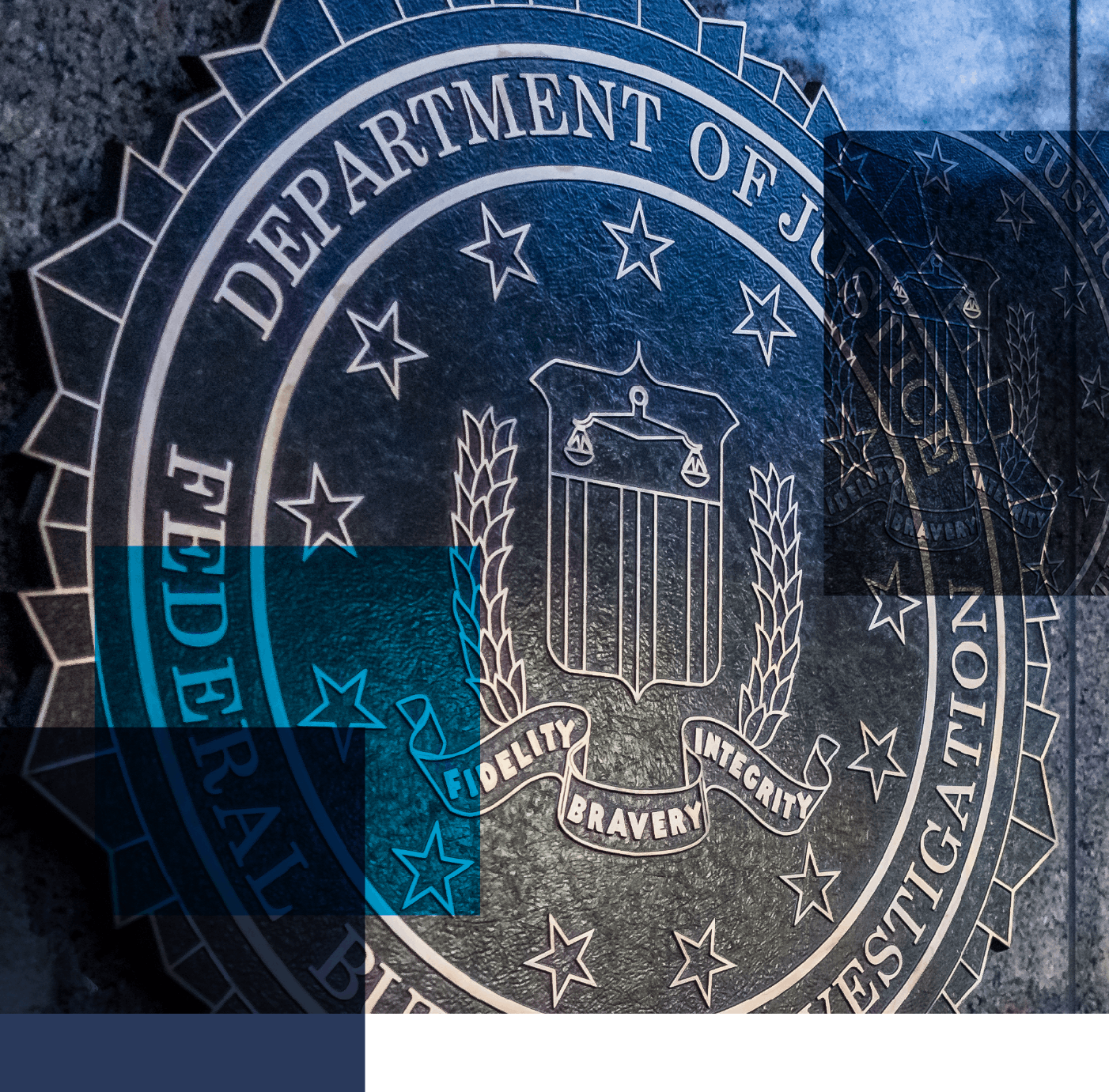 Cropped image of the seal of the FBI with the words "Department of Justice" and "Federal Bureau of Investigation" also three different rectangular color fields transposed on top in grey and blue.