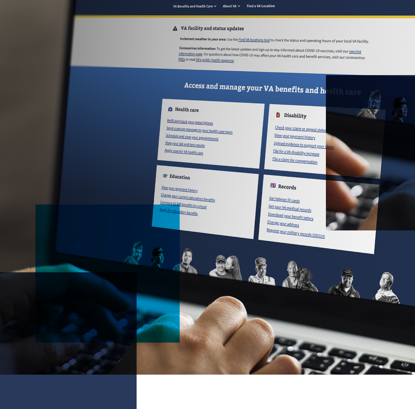 Image of a hand poised over laptop keyboard with VA website on the screen. Related to: case study, va case study, services data application, user centric digital experience.