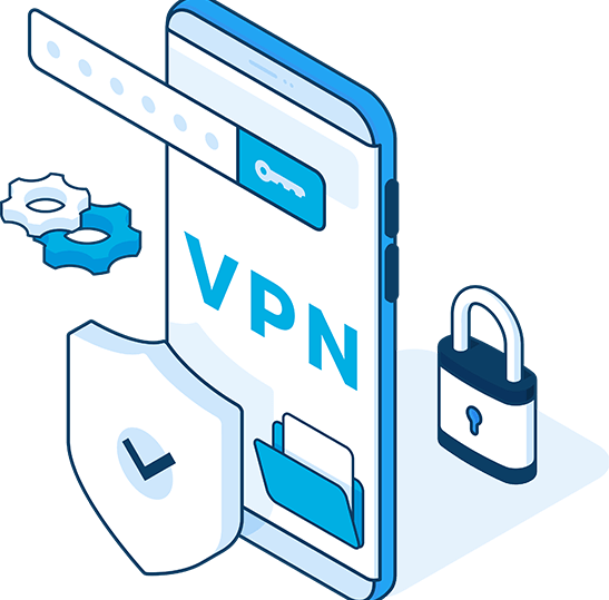 Illustration of a mobile phone with a lock behind it, a shield in front of it, gears beside it and the letters VPN on the screen with a folder icon underneath. Meant to convey cyber security, cybersecurity services, cybersecurity company, etc.