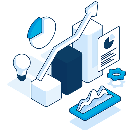 Illustration of 3D bar graph with an arrow on an upwards trajectory path with a gear, wave graph, pie graph, and lightbulb around it. Related to data innovation, data validation services, data management services, data management, data breach services, data verification services, data services specialist, and data hygiene.