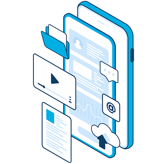 Illustration of a cell phone with different icons floating in front like folder, music player, chat, image posting, and cloud upload. Related to: Data asset valuation, data consolidation, secure access fabric, automating document management, and optimizing search and retrieval.