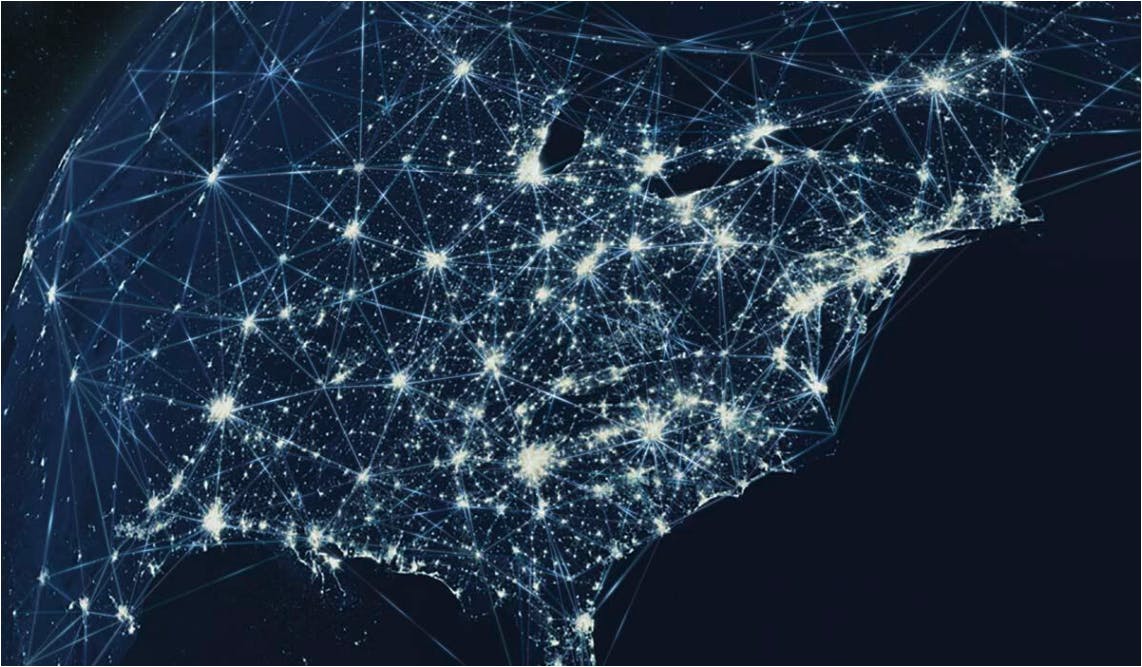 Image of the aerial view of the United States showing the light network. Communication headers and related to: DEA IT Infrastructure, DEA IT modernization