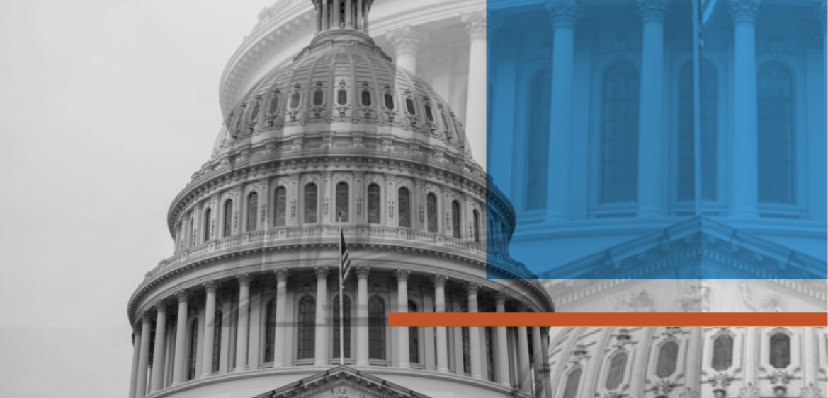 Part of the capitol building with a blue color field and an orange lane across it.