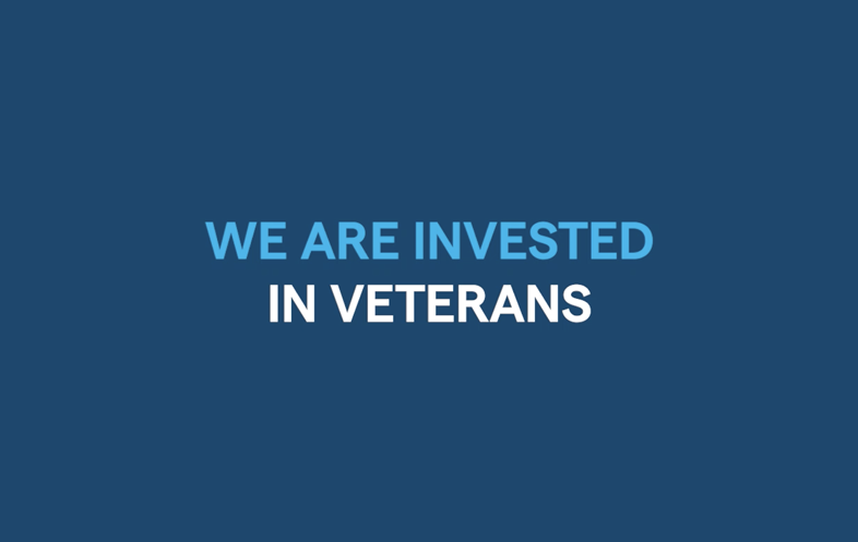 Blue block with text in white and light blue that read "We are invested in veterans." Related to: veteran hiring, hiring veterans, jobs for veterans, hiring va, jobs disabled veterans, IT jobs veterans