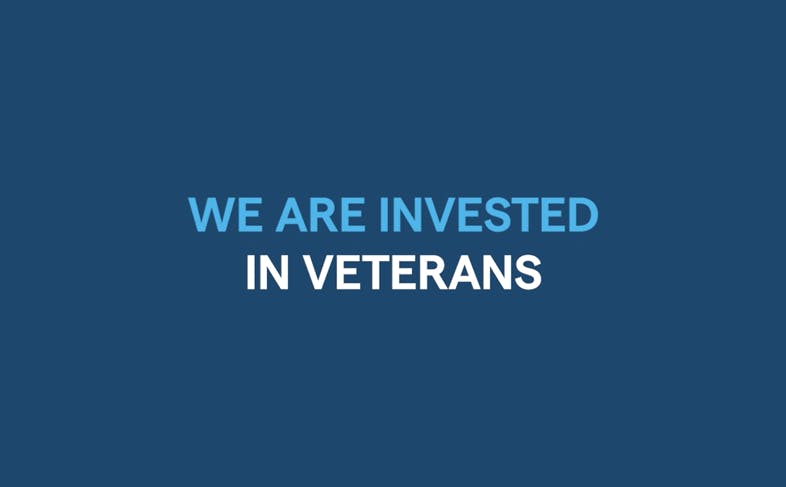 Blue block with text in white and light blue that read "We are invested in veterans." Related to: veteran hiring, hiring veterans, jobs for veterans, hiring va, jobs disabled veterans, IT jobs veterans