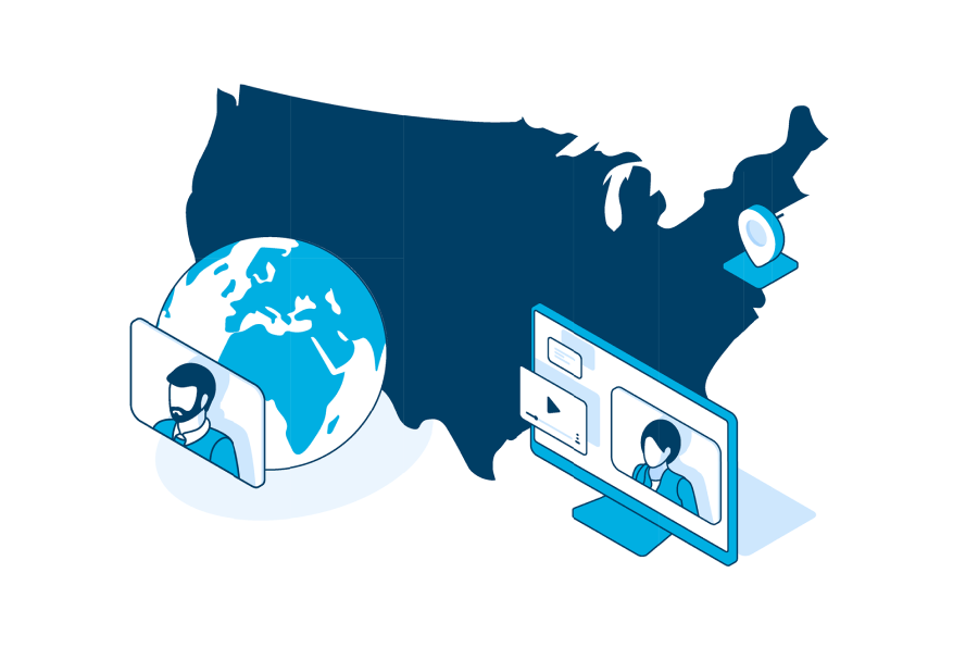 Illustration of a map of the United States with a globe in front and a person on a computer screen in front of that. In another location there is a computer screen with another person and the symbol for play.
