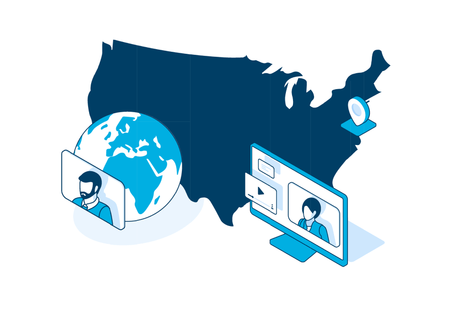 Illustration of a map of the United States with a globe in front and a person on a computer screen in front of that. In another location there is a computer screen with another person and the symbol for play.