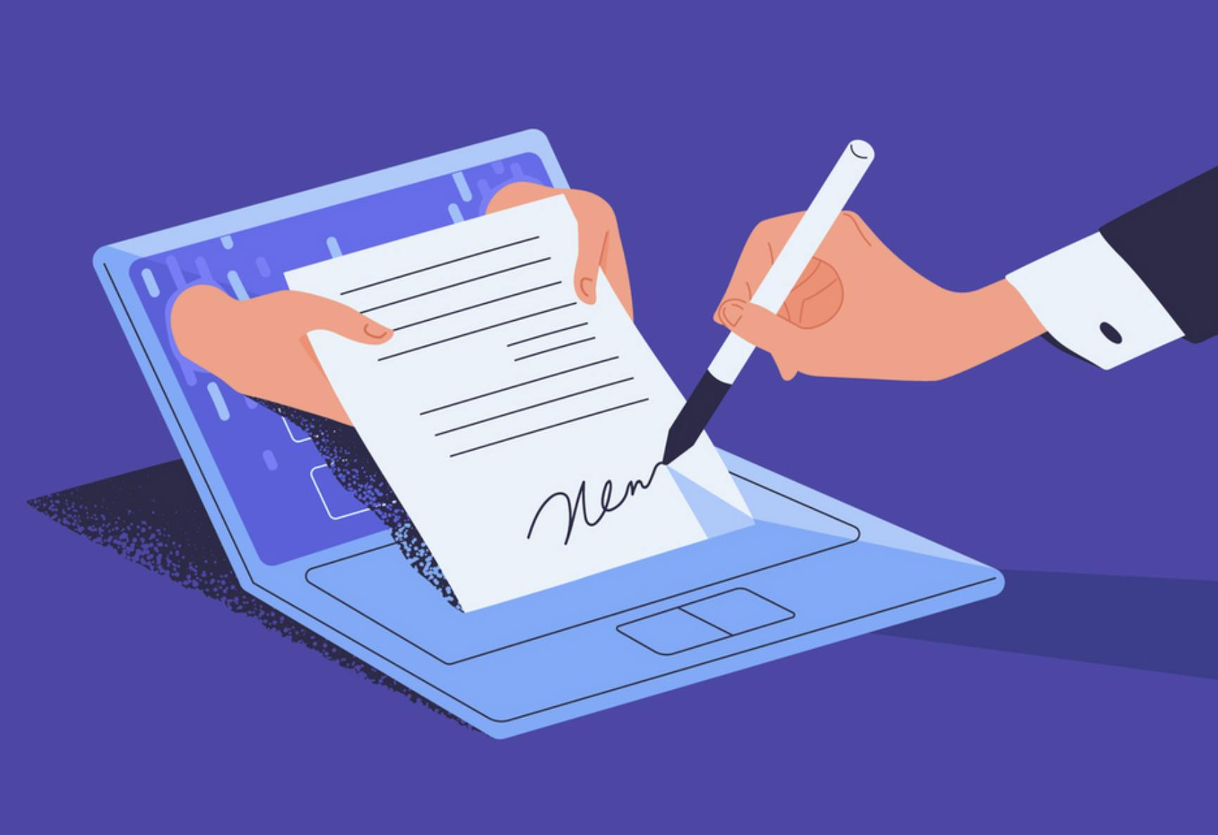 Illustration of an open laptop with hands coming out of the screen holding a document which another hand is signing. Related to Social security administration, digital social security, data integration and social security, social security modernization.