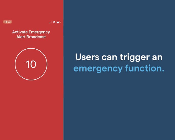 Voyager Products - Atlas. Orange and blue blocks of color with white and light blue text that says "Users can trigger an emergency function."
