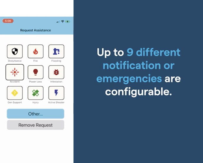 Voyager Products - SAFE. Split screen image. On the left, a mobile app page with nine icons for different situations like 'fire'. On the right, a blue block with text that says "Up to 9 different notification or emergencies are configurable."