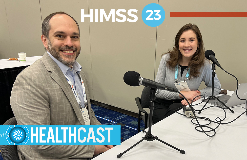 Healthcast podcast image show reporter Sarah Sybert interviewing Nathan Sanfilippo, executive director VA. VA experience Office is Enhancing API-Based Clinical Decision Support Tools.