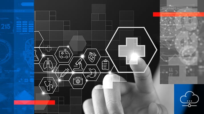 Digital illustration of a finger touching a medical cross symbol inside a hexagon with other health related symbols around. Related to: Health IT, digital health, digital health transformation, health IT summit, health it event