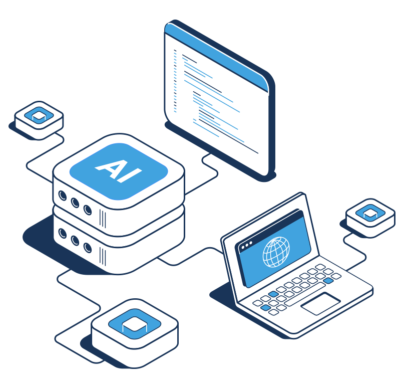 AI technology illustration showing interconnected devices, servers, and digital interfaces representing artificial intelligence systems.