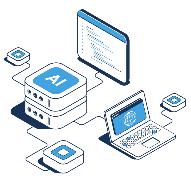 AI technology illustration showing interconnected devices, servers, and digital interfaces representing artificial intelligence systems.